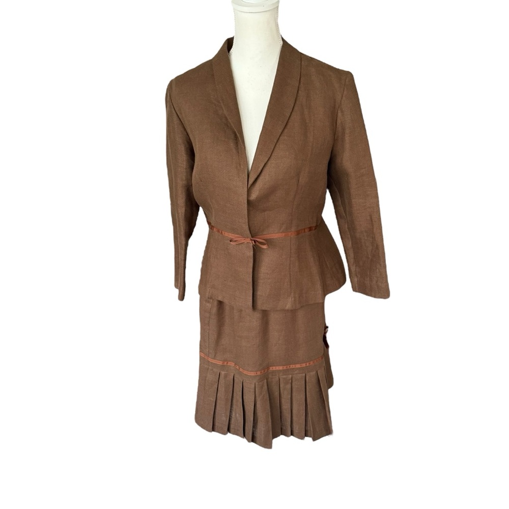 Brown Pleated Skirt and Jacket Set - Women's Two-Piece Skirt Suit